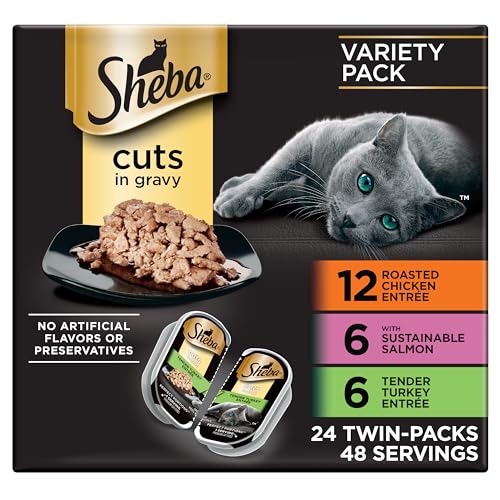New Sheba Perfect Portions Cuts in Gravy Wet Cat Food | 24 twin pack trays (2.6 oz), Chicken Salmon Turkey Variety