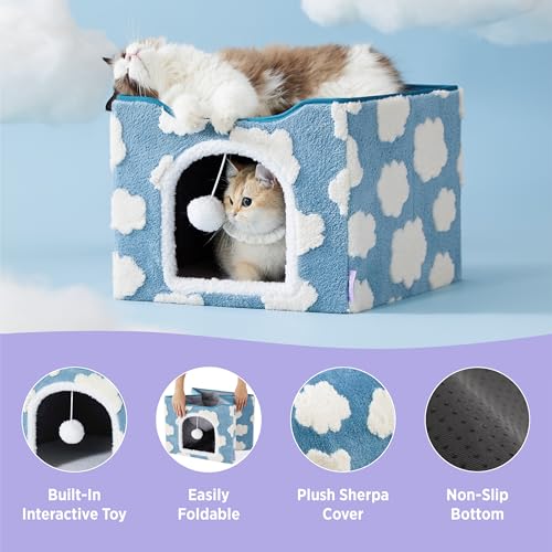 New Lesure Indoor Cat Bed Cube w/ Hanging Ball | Cozy Clouds Blue & 17"