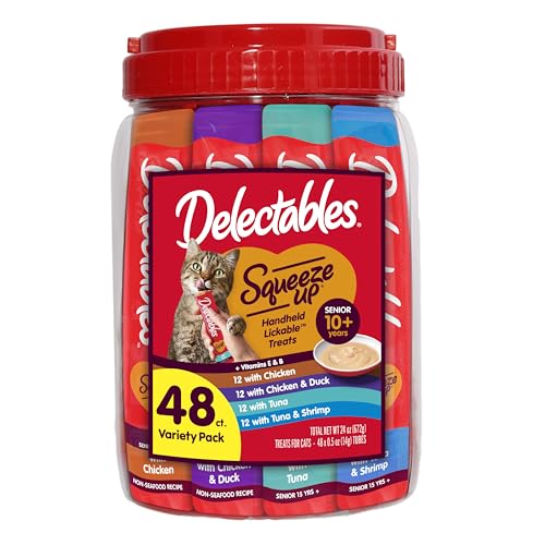 New Delectables Squeeze Up Senior 10 Plus Lickable Wet Cat Treats | 48 tubes (0.5 oz each), Variety Pack