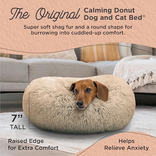New Best Friends by Sheri Original Calming Donut Dog and Cat Bed | Shag Faux Fur, Taupe, (23in x 23in)