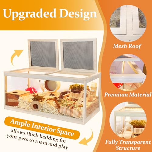 New Prolee Hamster Habitat Chew-Proof Wooden Cage with Mesh Top | 32" × 16" × 16"