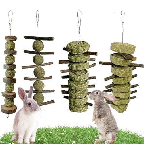 New LWINGFLYER Bunny Chew Toys Apple Wood Chews Cage Hanging Grass Cake Snack | 4 pack