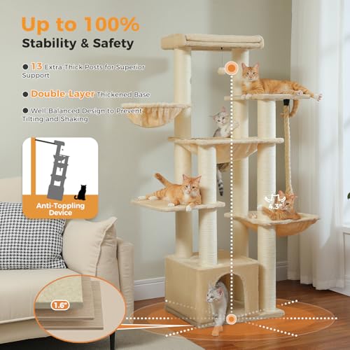 New Large Cat Tree 67" Tall Tower with 13 Sisal Posts | Beige, 67"