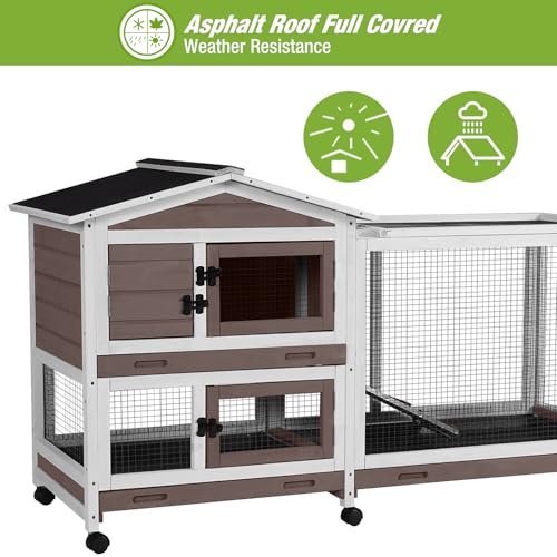 New Outdoor Rabbit Hutch Indoor Bunny on Wheels with Run | Brown and White