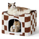 New Lesure Indoor Cat Bed Cube w/ Hanging Ball | Brown Checks & 16.5"×16.5"×13"