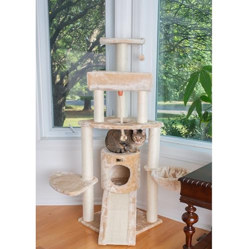 New Armarkat Thick Fur Cat Tower Real Wood with Basket Lounge & Ramp | Beige