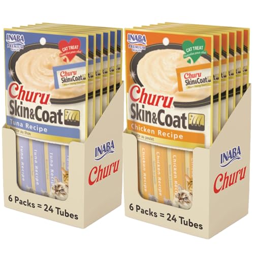 New INABA Churu for Skin and Coat Lickable Purée Cat Treats | 48 tubes (0.5 oz each), 2 Flavor Variety Pack
