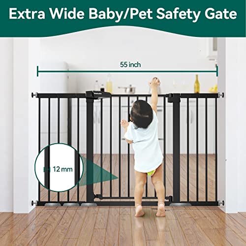 New BABELIO Extra Wide Baby/Dog Gate PressGuard P7 (Auto-Close, Pressure Mounted) | 29-55 in, Black