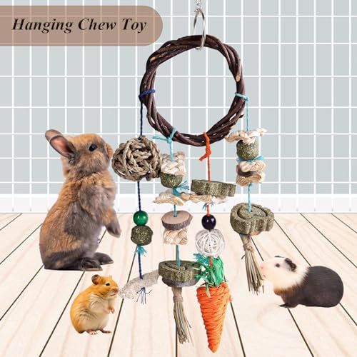 New Grddaef Rabbit Chew Toys Bunny Cage Hanging Toys Rattan Ring Treats
