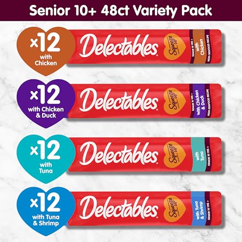 New Delectables Squeeze Up Senior 10 Plus Lickable Wet Cat Treats | 48 tubes (0.5 oz each), Variety Pack