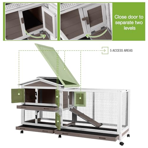 New MEDEHOO Rabbit Hutch 2-Story with Chew-Proof Ramp & 6 Wheels | 62" & Brown