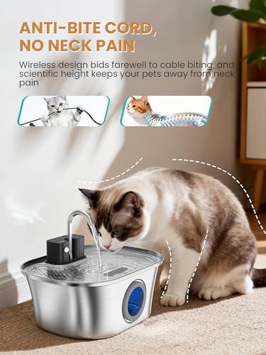 New Cat Water Fountain Wireless Stainless Steel | 108oz/3.2L, Stainless steel