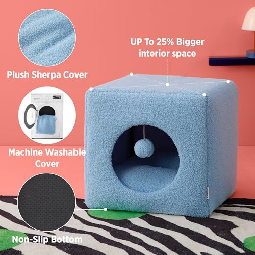 New Lesure Enclosed Cat House w/ Removable Sherpa | Blue & 16" x 16" x 16"