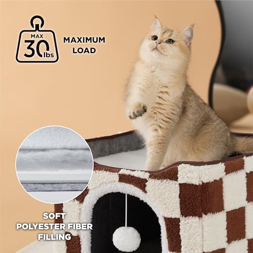 New Lesure Indoor Cat Bed Cube w/ Hanging Ball | Brown Checks & 16.5"×16.5"×13"