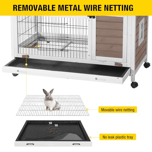 New Aivituvin Rabbit Hutch Indoor/Outdoor with Wire Floor Leakproof Tray | Brown - AIR24-B