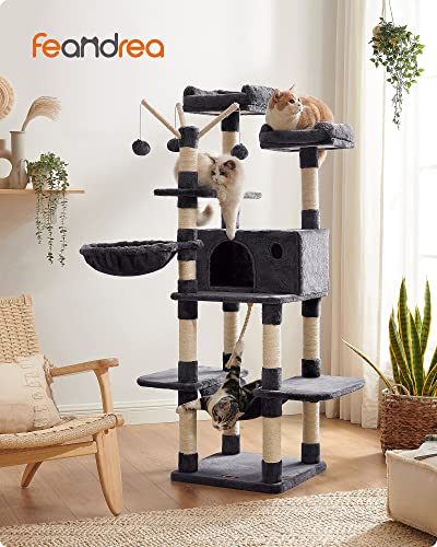 New FEANDREA Large Cat Tower Activity Center with Hammock Basket & Condo | Smoky Gray, 64.6"