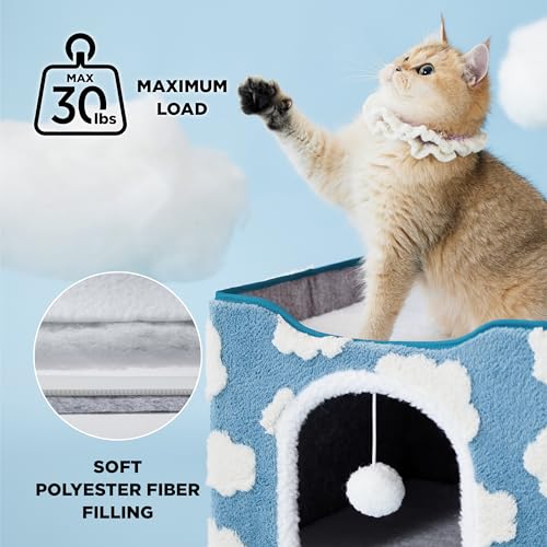 New Lesure Indoor Cat Bed Cube w/ Hanging Ball | Cozy Clouds Blue & 17"