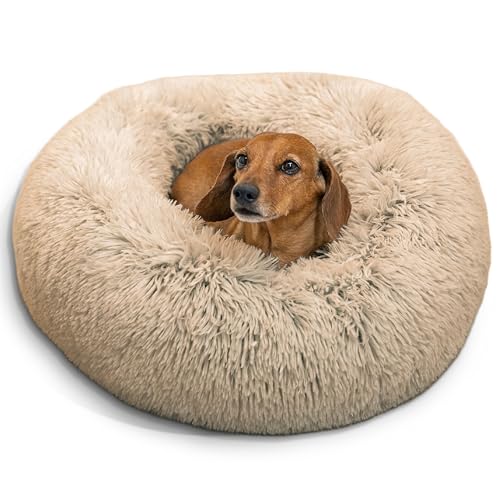 New Best Friends by Sheri Original Calming Donut Dog and Cat Bed | Shag Faux Fur, Taupe, (23in x 23in)