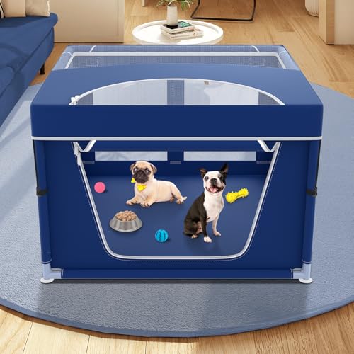 New Generic Puppy Playpen with Top Cover | 42 × 42 × 26 in, Blue Nylon Mesh