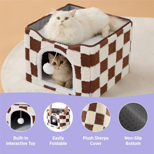 New Lesure Indoor Cat Bed Cube w/ Hanging Ball | Brown Checks & 16.5"×16.5"×13"