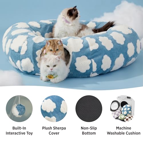 New Lesure Large Cat Tunnel Bed (Peekaboo) | Cozy Clouds Blue & Large