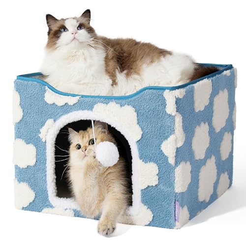 New Lesure Indoor Cat Bed Cube w/ Hanging Ball | Cozy Clouds Blue & 17"