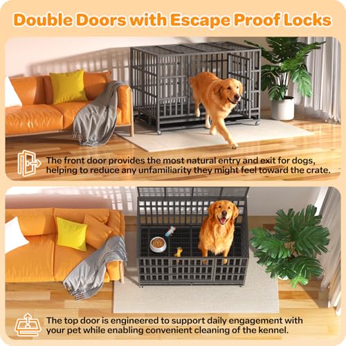 New HIWOKK Heavy Duty Indestructible Dog Crate Double Door High Anxiety Cage | 48 Inch - XL XXL