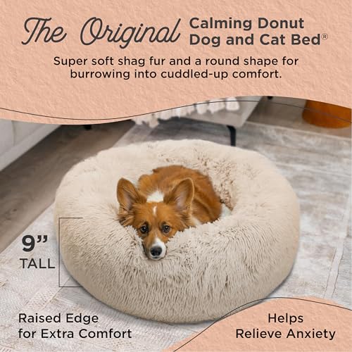New Best Friends by Sheri Original Calming Donut Dog and Cat Bed | Taupe Shag, 30in x 30in