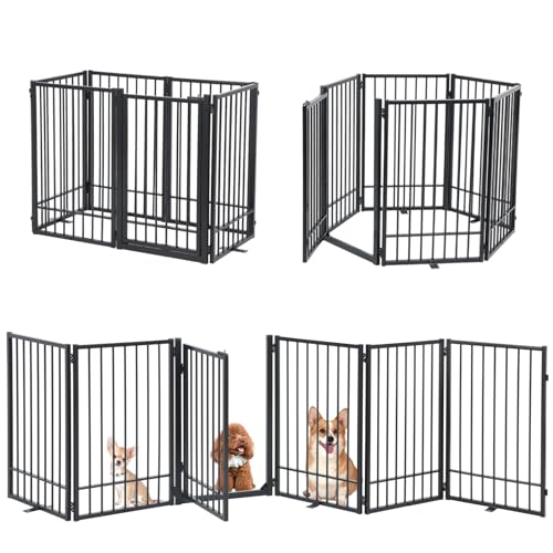 New SMONTER Free Standing Dog Gate with Walk-Through Door | 120 in W × 31.5 in H (6 Panels), Black Metal