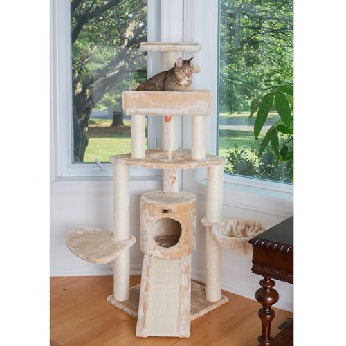 New Armarkat Thick Fur Cat Tower Real Wood with Basket Lounge & Ramp | Beige