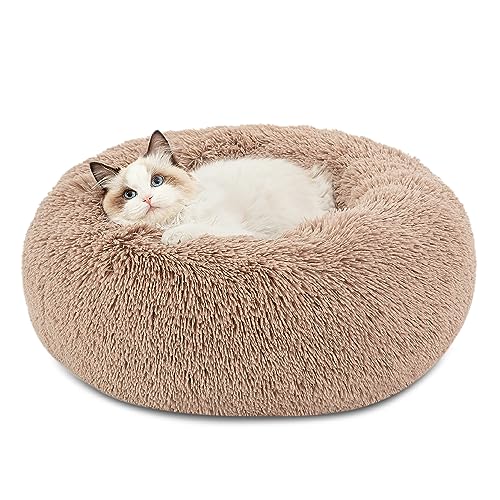 New Bedsure Calming Cat Bed (Indoor, Round Plush) | Camel & 20" (Small, up to 15 lb)