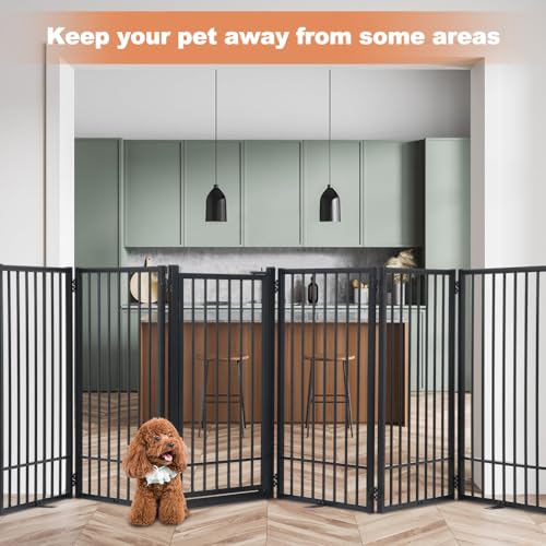 New SMONTER Free Standing Dog Gate with Walk-Through Door | 120 in W × 31.5 in H (6 Panels), Black Metal