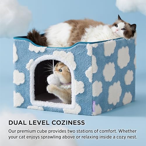 New Lesure Indoor Cat Bed Cube w/ Hanging Ball | Cozy Clouds Blue & 17"