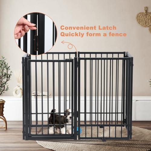 New SMONTER Free Standing Dog Gate with Walk-Through Door | 120 in W × 31.5 in H (6 Panels), Black Metal