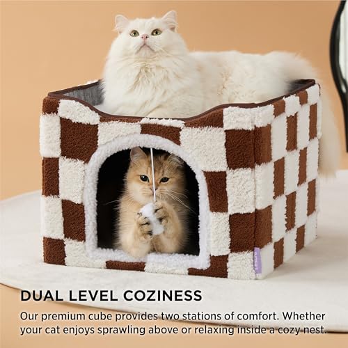 New Lesure Indoor Cat Bed Cube w/ Hanging Ball | Brown Checks & 16.5"×16.5"×13"