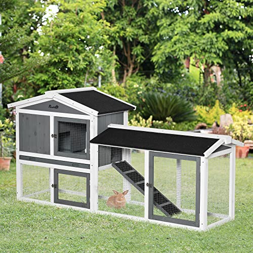 New Small Animal Habitat Wooden Rabbit Hutch 2-Story with Run Ramp & Roof | 69.2" × 20.5" × 33.7" & White