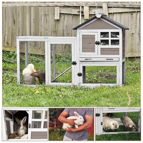 New Aivituvin Rabbit Hutch Indoor/Outdoor with Run Pull-Out Upper Tray | 51.6" L & Brown