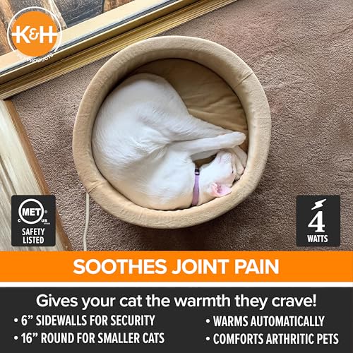New K&H Pet Products Thermo-Kitty Heated Bed | Mocha/Tan & 16" Round (Small)