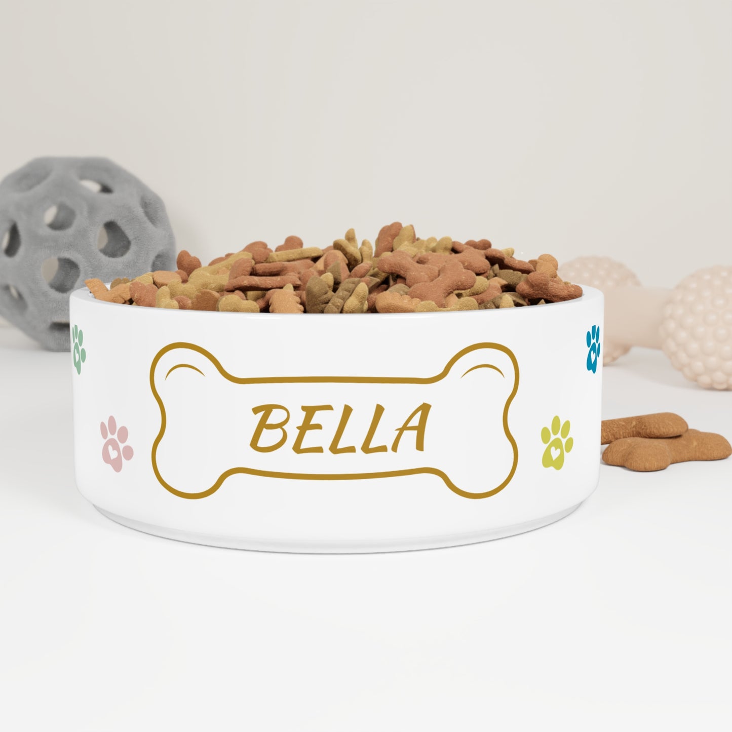 Personalized Ceramic Pet Bowl with Name Bone & Colorful Paw Prints (Custom Name)
