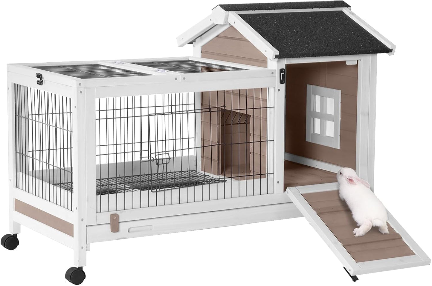 New Aivituvin Rabbit Hutch Indoor/Outdoor with Wire Floor Leakproof Tray | Brown - AIR24-B