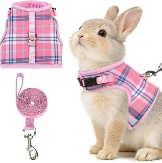 New PUPTECK Bunny Rabbit Harness and Leash Set | Plaid Pink - L