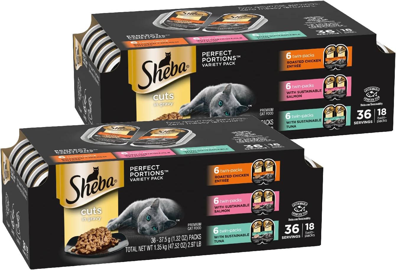 New Sheba Perfect Portions Wet Cat Food Cuts in Gravy | Chicken, Salmon & Tuna | 2.6 oz. Twin-Pack Trays (18 Count, 36 Servings)