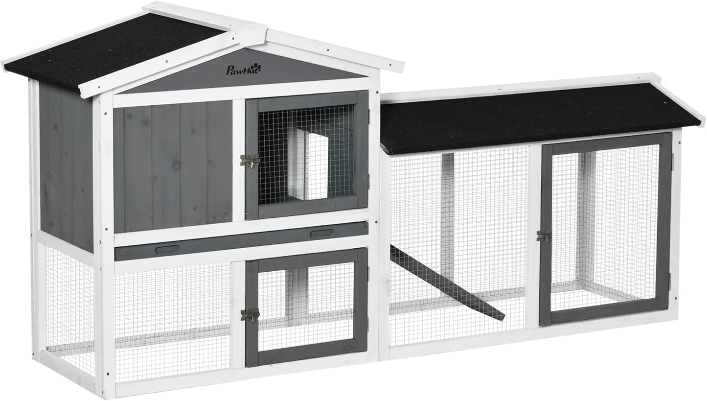 New Small Animal Habitat Wooden Rabbit Hutch 2-Story with Run Ramp & Roof | 69.2" × 20.5" × 33.7" & White
