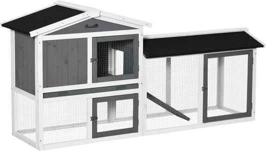 New Small Animal Habitat Wooden Rabbit Hutch 2-Story with Run Ramp & Roof | 69.2" × 20.5" × 33.7" & White