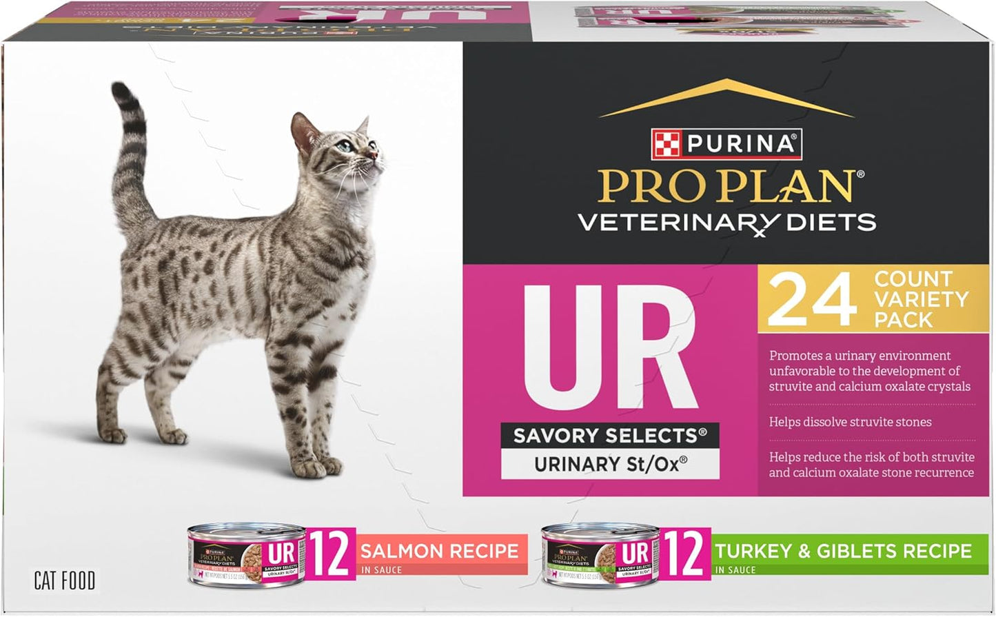 New Pro Plan Veterinary Diets Purina UR Urinary St/Ox Savory Selects Wet Cat Food Variety Pack | Turkey,Salmon (Pack of 24) 5.5 oz. Cans