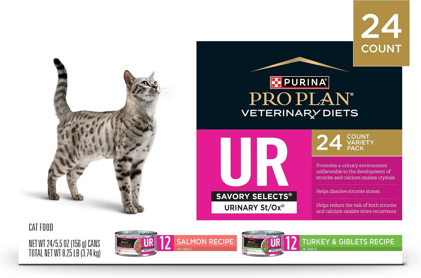 New Pro Plan Veterinary Diets Purina UR Urinary St/Ox Savory Selects Wet Cat Food Variety Pack | Turkey,Salmon (Pack of 24) 5.5 oz. Cans