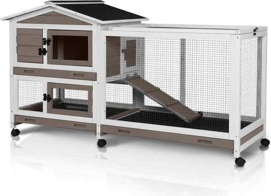 New MEDEHOO Rabbit Hutch 2-Story with Chew-Proof Ramp & 6 Wheels | 62" & Brown