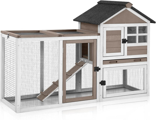 New Aivituvin Rabbit Hutch Indoor/Outdoor with Run Pull-Out Upper Tray | 51.6" L & Brown