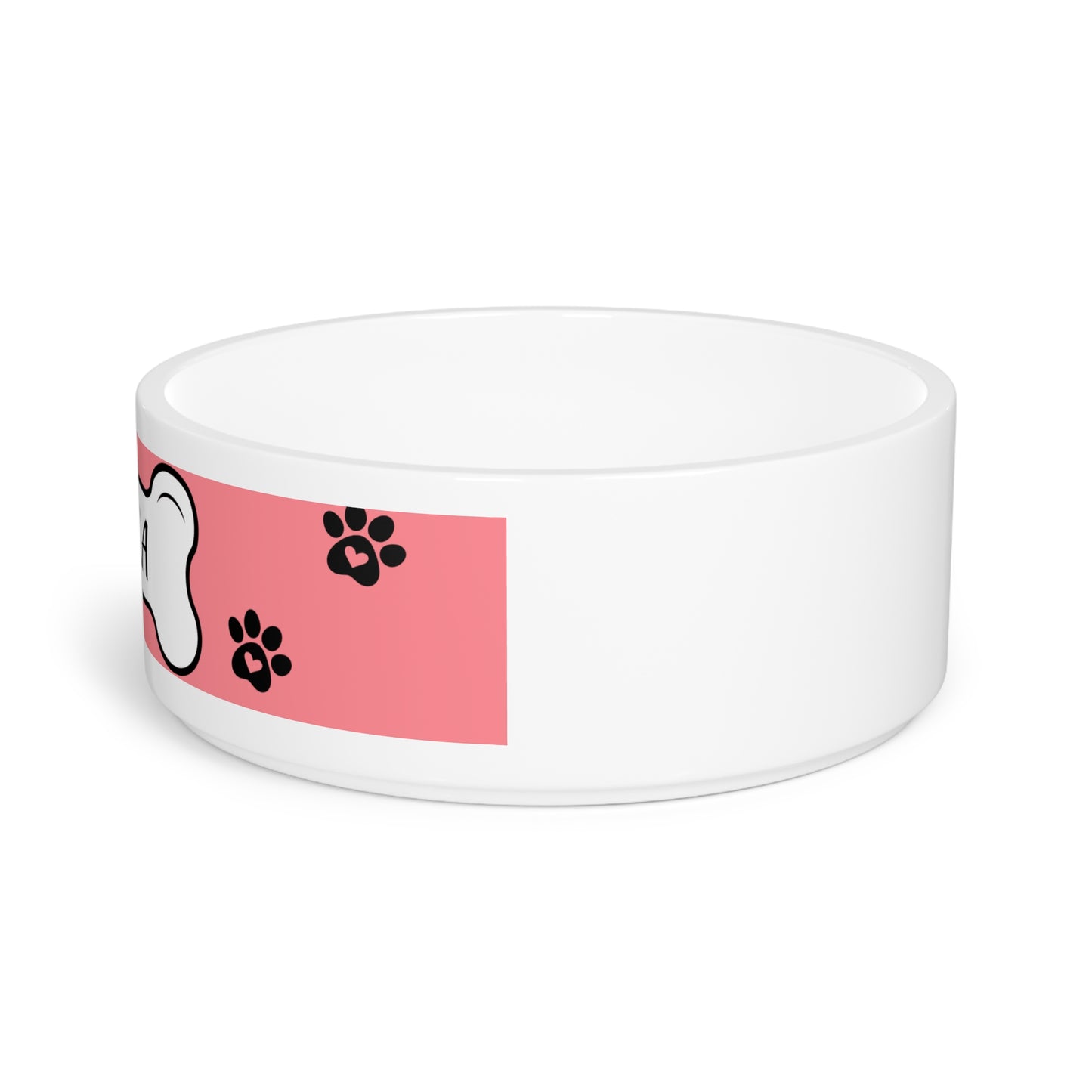 Personalized Pet Bowl — Pink Paw Print Dog Bowl with Bone Nameplate (Custom Name)