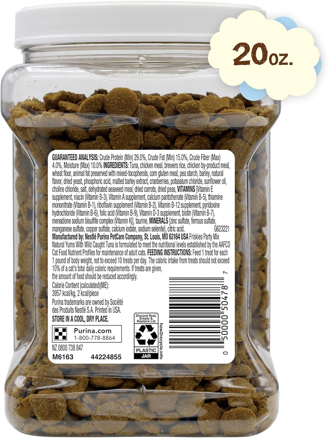 New Purina Friskies Natural Cat Treats, Party Mix Natural Yums With Wild Caught Tuna and Added Vitamins | 20 oz. Canister